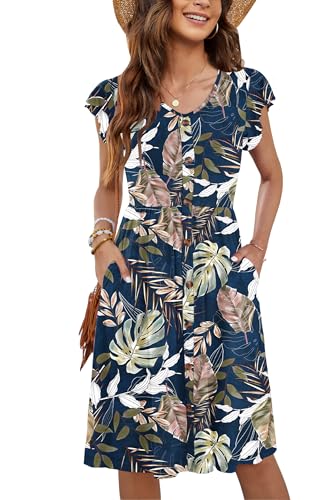WNEEDU Women Summer Dresses Sleeveless Casual Loose Swing Button Down Midi Dress with Pockets