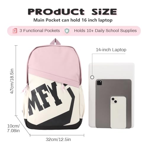 Image of PALAY Backpack Bags for Women Girls Pink White Patch Color School Bag Fashion Letter Print Bookbag Waterproof Large Capacity Laptop Daypack for Women Girls