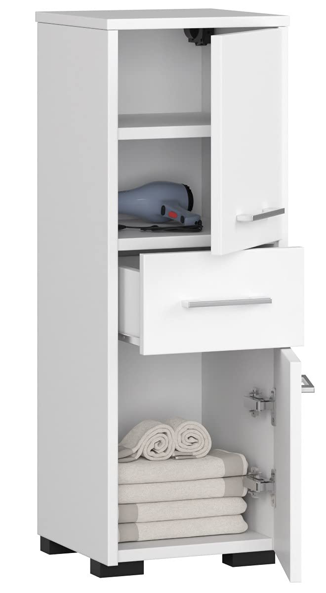 Armoire de salle de bain avec 1 tiroir et 3 compartiments, 30 x 30 x 85 cm, en panneau stratifié de 16 mm d'épaisseur, blanc