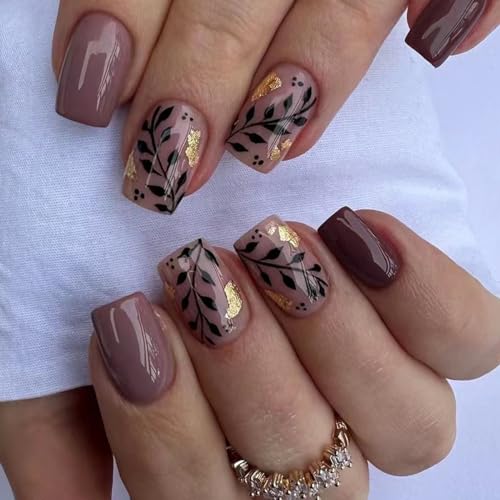 24Pcs Fall Leaf Press on Nails Short Square Fake Nail with Gold Foil...