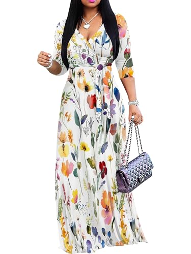 Image of Plus Size Maxi Dress for Women V Neck Flowy Dresses with Pockets for Wedding Guest Church