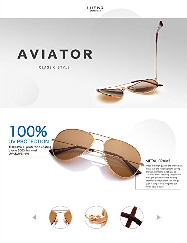 LUENX Aviator Sunglasses for Mens Polarized Brown Amber Lenses Gold Metal Frame UV400 Protection Classic Style