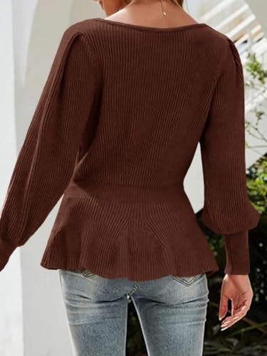 Image of Womens Fall Puff Sleeve Peplum Casual Slim Fit Knit Pullover Sweater Jumper Tops