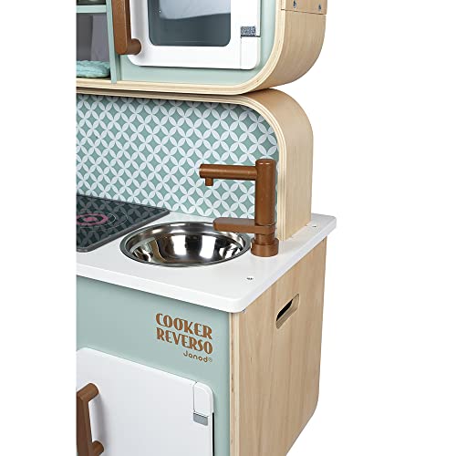 Janod - Holz Kinderspielküche ‘Reverso’ - Doppelseitige Spielküche - Holzküche für Kinder - Kinderküche mit Licht und Sound - Mit 7 Zubehörteilen - Ab 3 Jahren, J06594, Blau – Bild 4