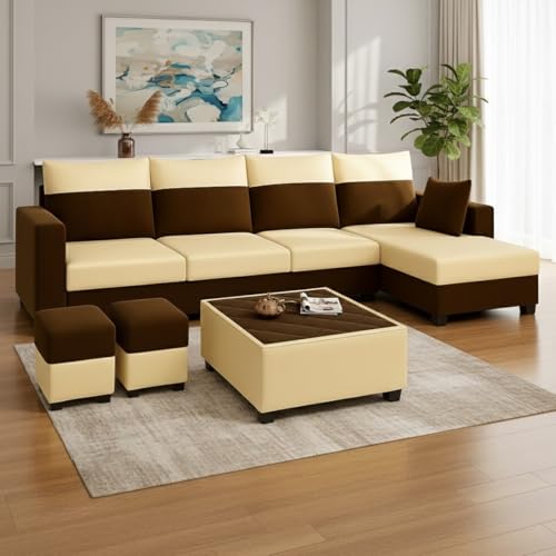 Image of Furny Arevva 8 Seater Fabric RHS L Shape Sofa Set with 1 Centre Table & 2 Puffy (Cream-Dark Brown) | Soft Velvet Fabric | Modern Design | Comfortable Seating | Living Room Furniture