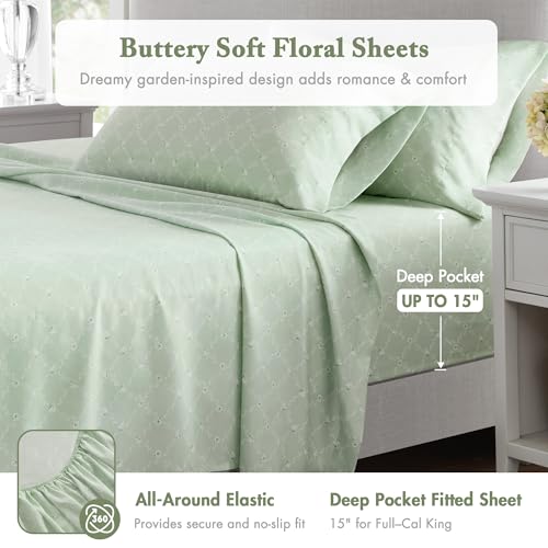Image of Madison Park Essentials Adele Green Floral King Size Comforter Set - Vintage Bed in a Bag with Sheets, Reversible Ruffle Bedding, Elegant Gift for Her
