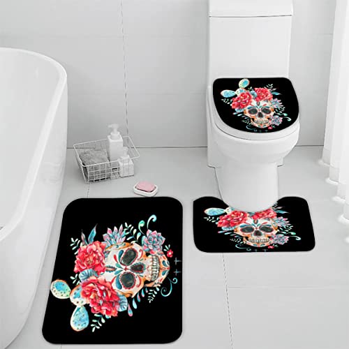 Zifarm Badematte rutschfeste 50x80 cm Schädel Badvorleger-Set 3D Drucken Totenkopf Blume Skelett Mikrofaser Flanell…