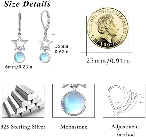 Moonstone Dangle Drop Earrings 925 Sterling Silver Moonstone Star Moon Hoop Leverback Earrings Hypoallergenic Jewelry Gifts for Women Girls