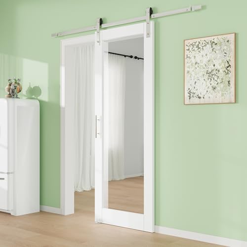 Image of 32 inch x 80 inch Presembled Barn Door with 72 inch Track Kit, Top 6-Lites Clear Glass Bottom MDF Solid Core Panel Sliding Barn Door for Closet Kitchen Bedroom Pantry, Nickel-Plated Hardware Kit, Easy to Install