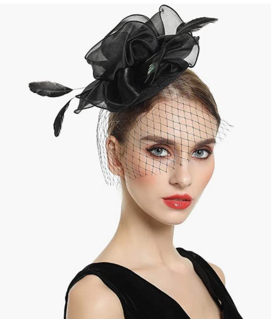 1165 Veewon Black Fascinator Hat Tea Party Veil Mesh Headband Hair Band Fascinator Feathers Dot White Black Mesh Races Woman  main image 3
