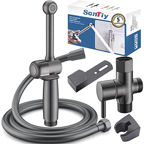 Handheld Bidet Sprayer for Toilet,SonTiy Cloth Diaper Sprayer for Toilet Muslim Shower with Anti-High Water Pressure Bidet+Adjustable Pressure Control Solid Brass Black Stainless 5-Year Warranty