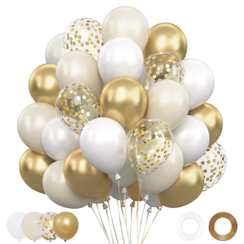 Ballons Blanc Doré, 62 Pièces Ballons Anniversaire Beige Blanc, Ballon Or Métallisés et Confettis, Ballon Helium pour Decoration Anniversaire Eid Mubarak...