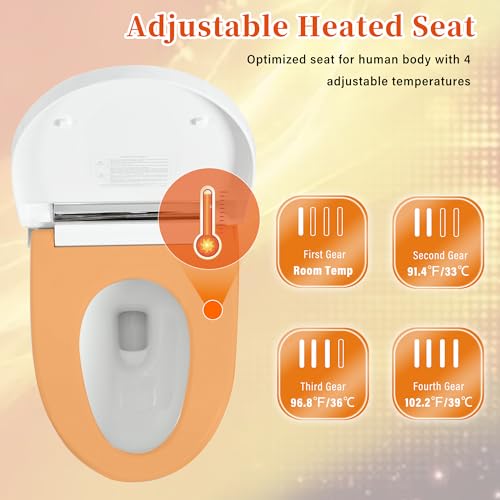 Inodoro inteligente de una pieza alargado con asiento calefactado, descarga automática y sensor de pie, doble descarga (1/1,28 GPF), control mediante perilla, luz nocturna, cerámica moderna compacta para baño, blanco plateado miniatura 4