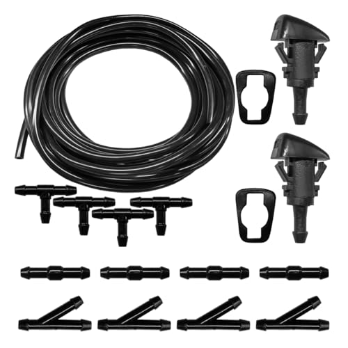 Universal Car Windshield Washer Hose Kit, 5M/16.4Ft Rubber Washer Fluid Hose with 12 Pcs Hose Connectors, 2 Fan Nozzles&Gaskets for Most Car Water Pump Nozzles, Windshield Wash Repair Accessories Kit