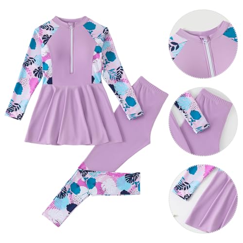 Image of FYMNSI Girls Modest Full Coverage Swimsuit Long Sleeve Rash Guard with Pants UPF 50+ Sun Protection Swimwear for Kids 5-14