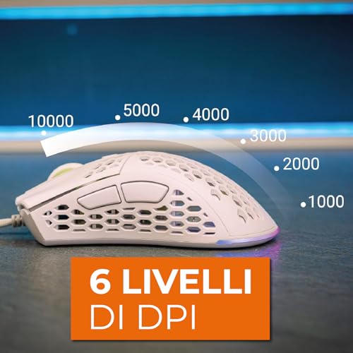 Myst Mouse Gaming RGB con Cavo USB, Sensore Ottico Pixart 3325 fino a 10000 DPI, 7 Pulsanti Programmabili, Software Incluso, Mouse da Gioco Leggero 68g con Struttura a Nido d’Ape, Bianco - Mouse gaming - Immagine 4