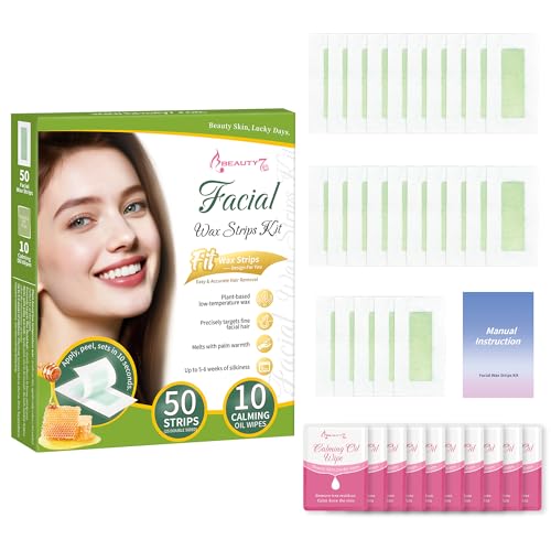 Beauty7 Bandas de Cera Fría para Depilatoria Facial Listas para Usar, 50 Tiras de Cera con 10 Toallitas Calmantes para Todo Tipo de Piel para Mujer