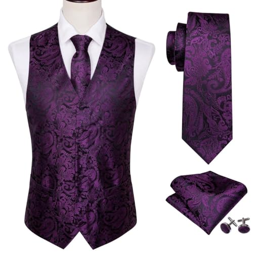 Men's Silk Waistcoat Tie Set Solid Paisley Pattern Vest Pocket Square for Wedding Business2