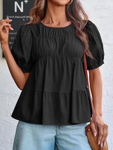 Image of Tankaneo Womens Puff Sleeve Peplum Babydoll Tops Summer Flowy Pleated Cotton T-Shirts Casual Loose Fit Cute Blouse