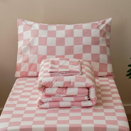 Image of CLOTHKNOW 4Pieces Pink White Plaid Toddler Bedding Sets for Girls Kids Bed | Soft, All Season, Grid Comforter, Checkerboard Bedding Sets, Soft Crib Bed Sets