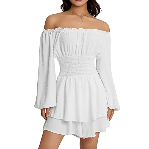 Qianderer Damen-Boho-Strampler, schulterfrei, Rüschenkleid mit Shorts, langärmelig, fließend, mehrlagig, Overall, Playsuits, Ba White, S