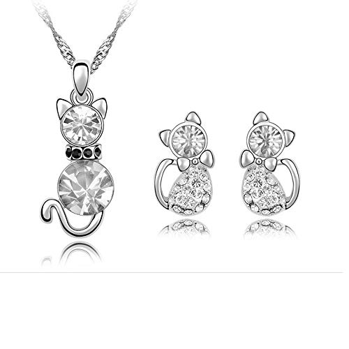 Comelyjewel Premium Quality 4 Pcs Fashion Zircon Crystal Cat Necklace Animal Earrings Jewelry Set Silver blue2