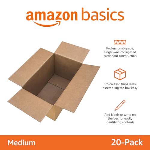Image of Amazon Basics Cardboard Moving Boxes, Medium 18 inch x 14 inch x 12 inch, Brown, 20-Pack