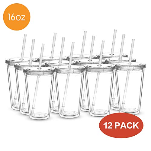 CIVAGO Clear Insulated Acrylic Plastic Tumbler Set with Lid and Reusable Straw, Classic Double Wall Tumbler Cup - 16 oz, 12 Pack Bulk (All Clear) - Thumbnail 4