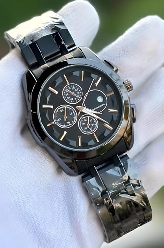 Image of Men's Luxury Analog Watch, Round Rose Gold Case, Black Dial, Stainless Steel Two-Tone Bracelet Strap for Office, Business
