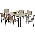 JUMMICO Outdoor Dining Set 7 Piece Patio Furniture Set with Weather Resistant Table and 6 Textilene Chairs for Yard, Deck and Poolside (Brown)