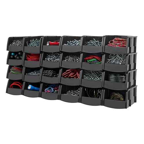 IRIS USA Stackable Storage Bins Open Front, 24 Pack, Plastic Hanging Organizer Caddy Basket for Hardware Crafts, Small Parts, Nuts and Bolts, Garage Tool Storage, Extra Small, Black