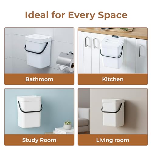 Image of HomeEssentials 3L Hanging Kitchen Trash Can with Lid, Dual-Opening Design, Mounts on Cabinet Door or Wall, Compact Waste Bin, White Space-Saving Smart for Kitchen, Bathroom & Office