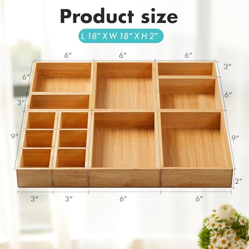 Fabsome Drawer Organizer, Set of 9 Bamboo Wood Kitchen Makeup Desk Junk Tea Drawer Storage Boxes Bins for Cutlery Silverware Utensils Flatware, Small Wooden Container Tray for Bathroom, Office - Image 6