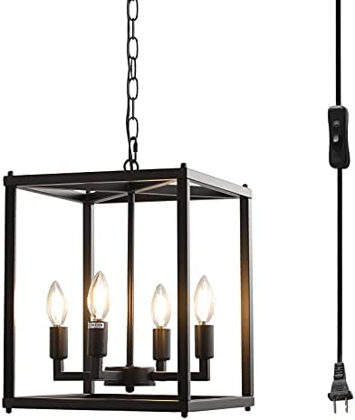 JackLove 4-Light Plug in Chandelier Farmhouse Industrial Black Metal Cage Plug in Pendant Light with 16.4ft Cord,On/Off Switch,Ceiling Hanging Light for Kitchen Island Dining Room Foyer,UL Listed