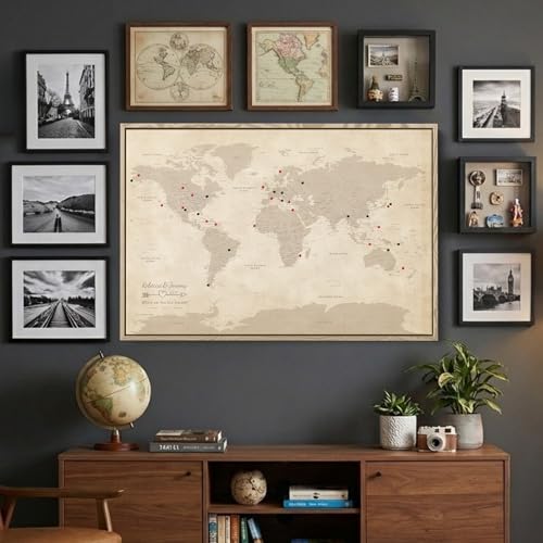Image of Vintage Canvas Travel Pin Map of the World - Oversized Antique Style World Map with Pins - Personalized Framed Wall Art - Natural Float Frame - 34 inch x 51 inch