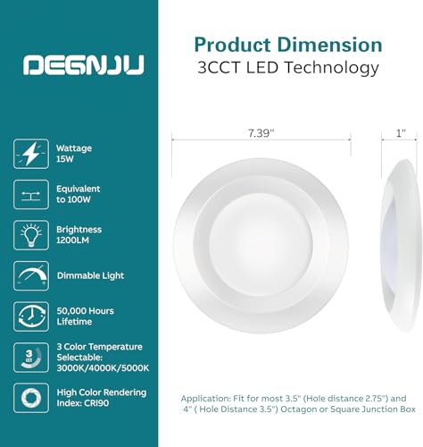 DEGNJU 2 Pack 5/6 Inch LED Low Profile Surface Mount Disk Light, 3000K/4000K/5000K Dimmable Recessed Ceiling Light, CRI90, 1200LM, 15W=100W