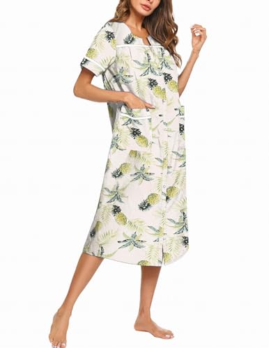 Image of Ekouaer Womens Snap Front Dusters Cotton Housecoat Short Sleeve Nightgown House Dress With Pockets