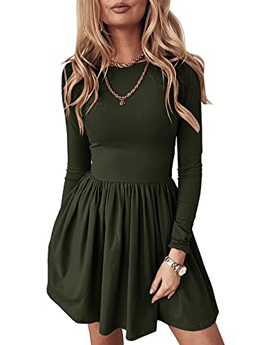 YOBECHO Womens Solid Color Long Sleeve Tops T-Shirt Dress Round Neck A-line Loose Dress Army Green