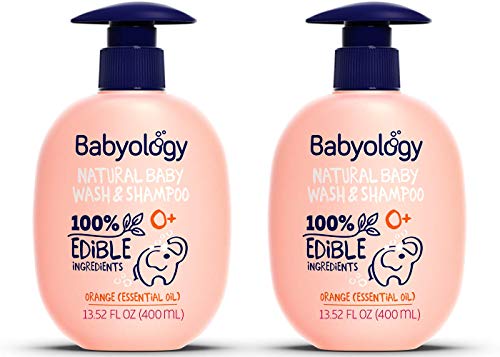 Babyology All Natural Baby Wash and Shampoo - 100% Edible Ingredients - with Organic Orange Essential Oil (Fragrance Free) – 13,52 FL OZ - Good for Sensitive Skin - Non Toxic - Tear Free (Pack of 2)
