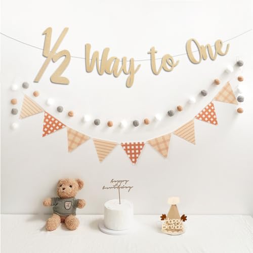 1/2 Way to One Half Birthday Banner Pre-Strung Pennant Felt Fabric Banner Flags and Pom Pom Garland, Party Hat for Birthday Decorations, Reusable Half Way to One Bunting Sign for Girl Boy 6 Months