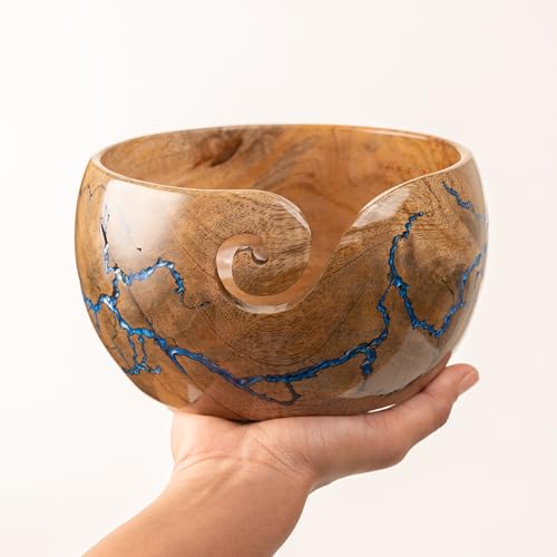 Image of Cute Wooden Yarn Bowl for Crocheting, 7x4inch Large Mango wood Crochet Holder Gift Accessories and Knitting Gadgets Supplies Handcrafted with Fractal Wood Burning & Blue Resin Inlay (M-Blue)