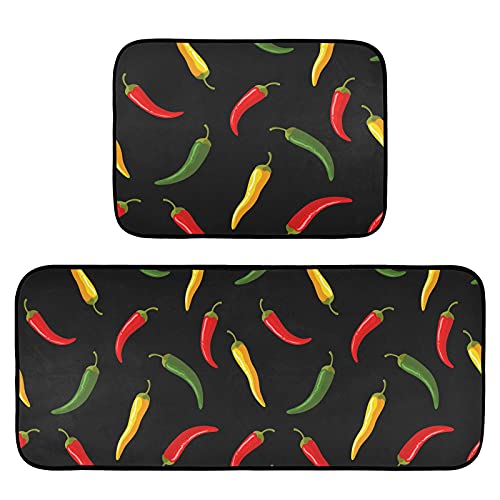 Kitchen Rugs Mats 2 Pieces, Colorful Chili Pepper Cushioned Kitchen Mat Anti-Fatigue Comfort Floor Mat Non Slip Kitchen Rug Standing Mats For Kitchen, Sink, Bath, Laundry (20X47 Inch+20X28 Inch) #TOP6