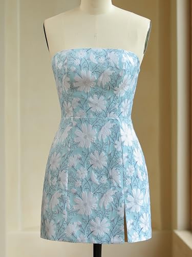 Homecoming Dresses 2025 Short Strapless Floral Satin Side Slit Bodycon Homecoming Dresses for Teens Juniors3