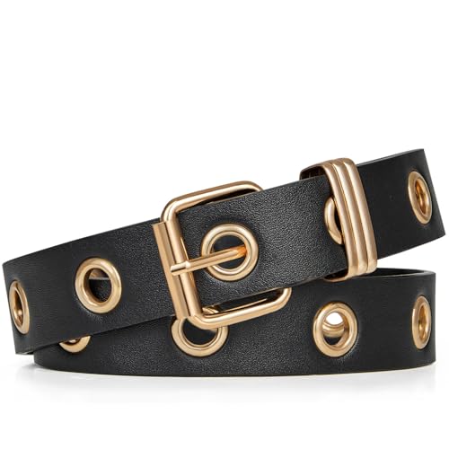 FIORETTO Single Grommet Leather Belt Women Men Punk Rock Waist Belts for Jeans Pants Single Holes Black-Gold