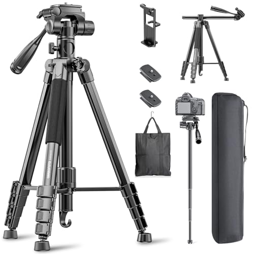 CAMBOFOTO 73" Camera Tripod and Monopod with Center Colum with Photography Sandbag, Horizontal Central Axis Professional Aluminum Tripod Stand for DSLR/Camcorder/GoPro, with Phone Holder/Travel Bag
