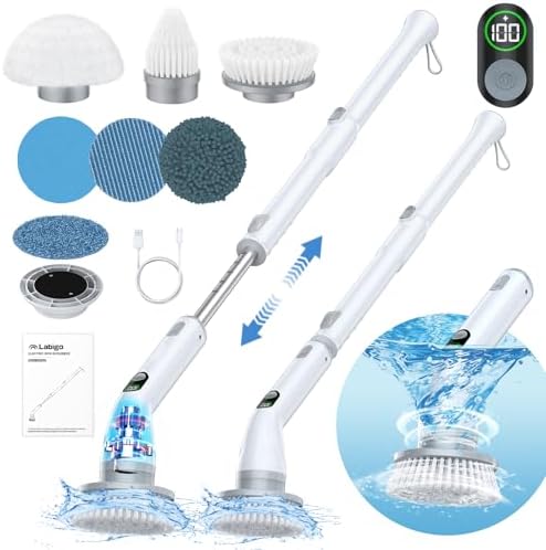LABIGO Electric Spin Scrubber LA4 Pro, Dual Speed Bathroom Scrubber with Display & 6 Replacement Cleaning Heads, Cordless Power Scrubber with Adjustable & Detachable Handle for Bathroom Floor Tile