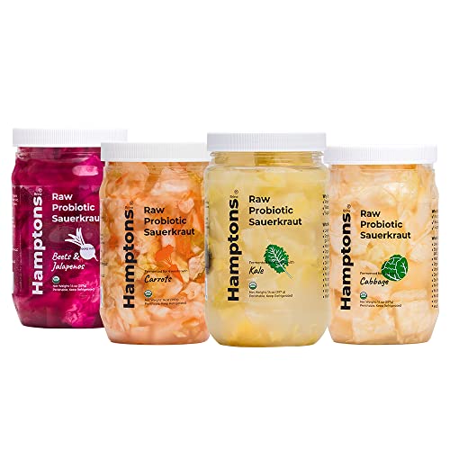Hamptons Brine Raw Probiotic Sauerkraut - Variety Pack. Rich in Probiotics. 100% Certified Organic. Fermented. Prebiotic. Unpasteurized. Delicious. Flavorful. Best Tasting Kraut. 4-Pack.