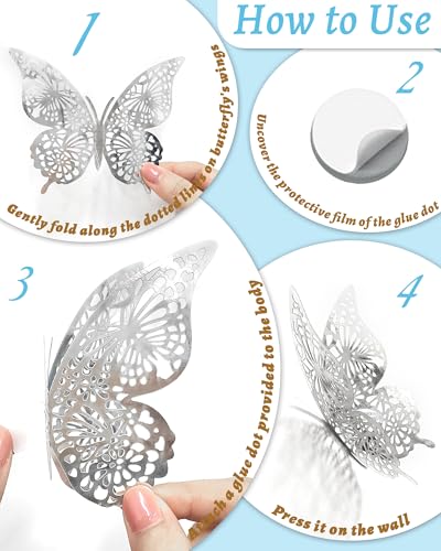 Image of 72Pcs 3D Butterfly Wall Decor,Silver Butterfly Decorations, 4 Styles 3 Sizes Removable Butterflies Wall Stickers Kids Bedroom Cake Nursery Room Decor