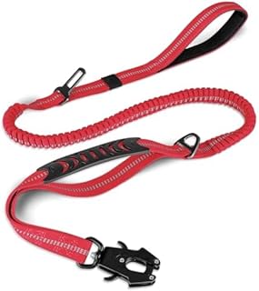 Joytale Taktische Hundeleine, 1.2m-1.8m Bungee Hundeleine mit 2 Gepolsterten Griffen, Autosicherheitsgurt, Starke Hundeleine ohne Zugkraft für Mittelgroße, Große, X-Große Hunde, Rot