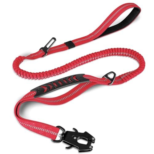 Joytale Taktische Hundeleine, 1.2m-1.8m Bungee Hundeleine mit 2 Gepolsterten Griffen, Autosicherheitsgurt, Starke Hundeleine ohne Zugkraft für Mittelgroße, Große, X-Große Hunde, Rot
